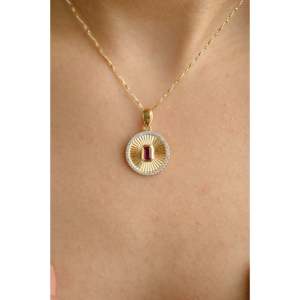 18K Solid Gold <b>Ruby</b> Halo Diamond Striped Medallion Coin Pendant - Product Image 6
