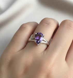 Améthyste naturelle en argent 925, taille poire, sertie en clos, faite à la main, minimaliste, certifiée par un tiers, pour mariage et anniversaire - Product Image 5