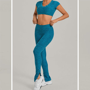 Women 2 Piece Yoga Set V Neck Crop Top High Waist <b>Leggings</b> Solid Color Breathable Spandex/Nylon Front Logo Workout Wear - Product Image 6