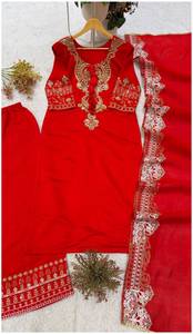 Ensemble de mariage indien traditionnel en soie rouge brodé, avec broderie de perles romaines, comprenant un haut, un pantalon palazzo et un dupatta, pour femme, coupe classique, Sun - Product Image 3