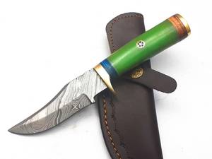 Drop Point Hunting Knife Damascus Steel Blade Green Handle With Brass Accents Outdoor Survival <b>Tool</b> - Product Image 2