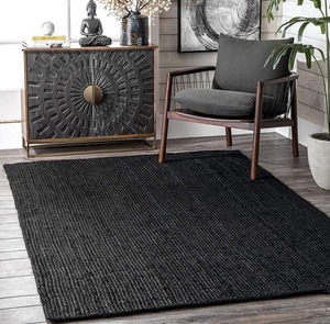 พรมปูพื้นสีดำทำมือจากเส้นใยปอกระเจาธรรมชาติ ขนสั้นเรียบง่าย สไตล์โมเดิร์น มินิมอล สำหรับห้องนั่งเล่น - Product Image 3