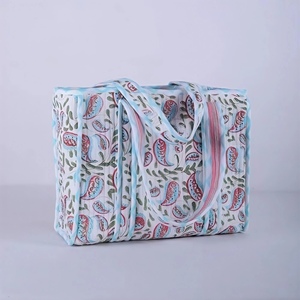 EcoDari Large <b>Waterproof</b> Quilted Cotton Tote Bag Solid Color Blue for White Textile Beach Shopping Bag Zipper Closure Hand - Product Image 2