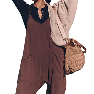 Custom Women's Chocolate Brown Sleeveless V-Neck <b>Jumpsuit</b> Side <b>Pockets</b> Loose Fit Full Length Summer Wear Tracksuit 100% Cotton - Product Image 3
