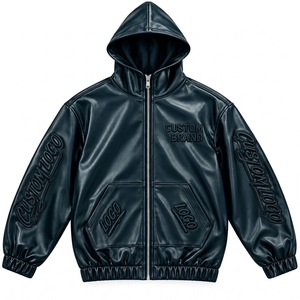 Custom <b>Men's</b> Hooded <b>Faux</b> <b>Leather</b> <b>Jacket</b> with Raised Logo Details Full Zip Urban Fashion Streetwear Apparel - Product Image 3