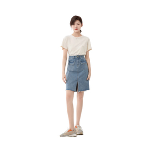 Vente directe usine – Nouvelle jupe en jean décontractée pour femme, longueur genou, unie, avec ceinture boutonnée, style vintage, taille haute, en denim épais - Product Image 1