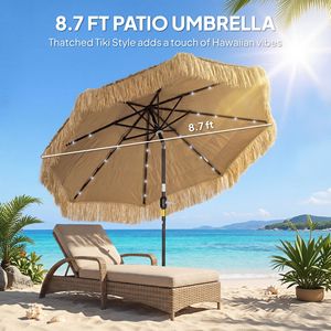 Ombrellone da Patio Tiki in Paglia Khaki da 2,7 m con Luce Solare a LED, Manovella per Inclinazione, Protezione UPF30+ e Base Inclusa - Product Image 5
