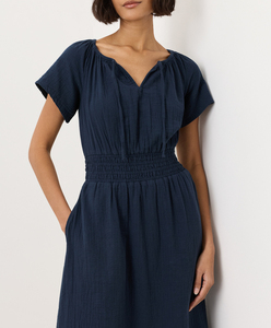 Cotton V-Neck Flutter Sleeve Boho Midi <b>Dress</b> Summer Cotton Midi Solid Color Breathable Midi <b>Dress</b> With Smocked <b>Elastic</b> Waistband - Product Image 2