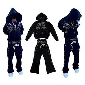 ชุดเซ็ตเสื้อฮู้ดดี้และกางเกงขายาวทรงบอยเฟรนด์ประดับเพชรเทียม ผลิตตามแบบ OEM ผู้ผลิตตามสั่ง กางเกงเอวสองชั้นทรงหลวมซ้อนกัน ชุดวอร์มแบบซิป - Product Image 2