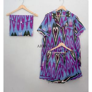 Conjunto de Pijama de Verano 100% Algodón Puro, Elegante y Clásico, con Estampado a Mano, Pantalones Cortos Tipo Canguro con Bolsillos, Suave y Transpirable - Product Image 6