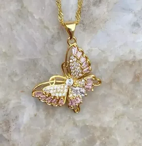 Collier pendentif papillon en argent sterling plaqué or, avec breloque de luxe en moissanite rose, bijou de mode pour femme, cadeau de fête - Product Image 2