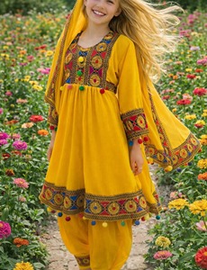 Vestido Étnico Infantil de Algodón Bordado en Amarillo, Manga Larga, Traje Tradicional Pakistaní, Ropa de Primavera - Product Image 1