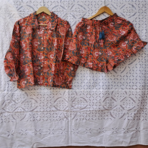 Women's Floral Cotton Frill Pajama Set With Drawstring Shorts Button Shirt And Matching Tote Beachwear Outfit - Product Image 2