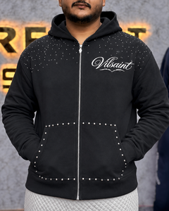 Men's <b>Black</b> <b>Zip</b>-<b>Up</b> <b>Hoodie</b> Rhinestone Embellished Casual Hooded Sweatshirt Regular Fit French Terry Cotton <b>Zip</b> <b>Up</b> <b>Hoodie</b> - Product Image 6