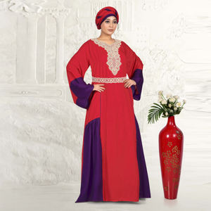 Caftán de Rayón con Cuello Redondo, Detalles de Paneles en Dos Tonos, Mangas Acampanadas, Estilo Modesto, Color Sólido, para Eid, Ramadán, Oración, Silueta Larga hasta el Suelo - Product Image 3