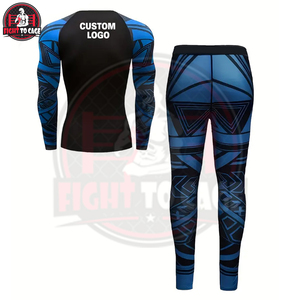Breathable Spandex/Nylon 2-Piece <b>Compression</b> <b>Shirt</b> & Legging Set for Men <b>Black</b>/Blue Quick Dry Full Sleeve MMA/BJJ Training - Product Image 2