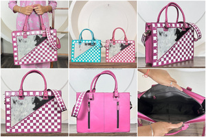 Sacs fourre-tout pour femmes en cuir à carreaux de qualité supérieure, grande capacité, style occidental, sacs à bandoulière en cuir de vachette véritable, vente en gros - Product Image 3