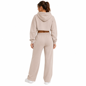 Ensemble de survêtement 2 pièces beige pour femme, sweat à capuche et pantalon long en molleton de coton uni, coupe ample, manches longues, avec poches - Product Image 2
