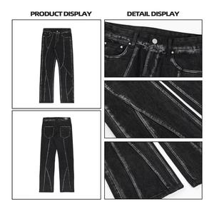 Jean noir ample à jambe droite pour homme, avec surpiqûres contrastées, style streetwear - Product Image 6
