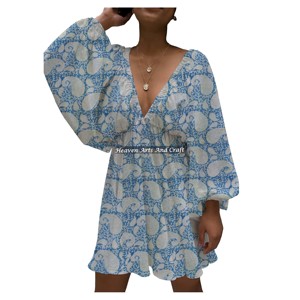 Nouvelle Collection – Robe Courte Sexy d'Été pour Femme, Imprimée à la Main, Col en V Profond, Manches Lanterne - Product Image 1