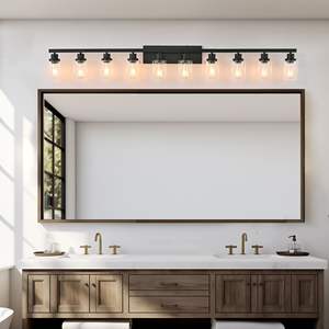 Miroir de salle de bain moderne noir mat à 10 lumières, 65,4 pouces, avec luminaires muraux noirs pour chambre à coucher et salon - Product Image 2