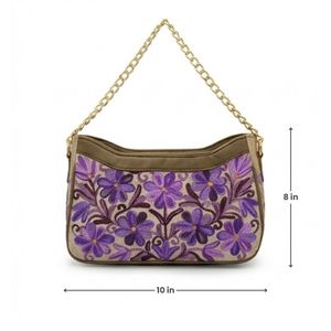 Bolso de Hombro con Bordado Kashmiri, Color Beige con Diseño de Ramo de Margaritas Rosa y Verde Oliva Cálido - Product Image 2