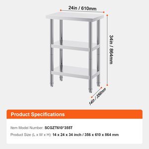 Tavolo da Lavoro Commerciale per Cucina 14 X 24 X 34 Pollici in Acciaio Inox con 2 Ripiani Inferiori Regolabili, Tavolo Preparazione Alimenti Resistente - Product Image 4