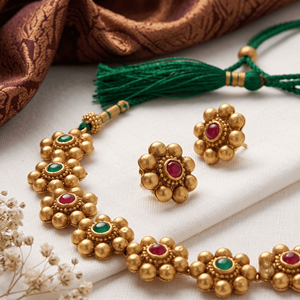 Parure de collier ras-du-cou et boucles d'oreilles clous en cuivre plaqué or antique avec rubis, motif floral, pour femme, style ethnique indien, idéal pour mariage - Product Image 2
