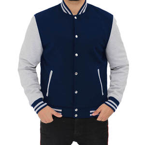เสื้อแจ็คเก็ตเบสบอลแบบมีกระดุมสำหรับผู้ชาย สีกรมท่า-เทา แต่งแถบผ้าริบถัก ตัดเย็บแบบคลาสสิก สไตล์ Letterman ขายส่งเสื้อผ้า - Product Image 2