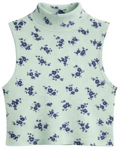 Top Corto sin Mangas con Cuello Alto y Estampado Floral Azul sobre Verde Menta, Ajustado, Elástico, Informal, de Verano, para Mujer - Product Image 1