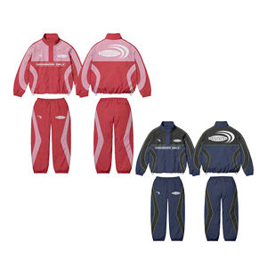 Survêtement en coton unisexe grande taille 2025 |   Veste rouge coupe-vent avec col montant orné de strass et motif rayé 3D |   Streetwear OEM - Product Image 1