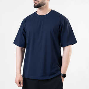 T-shirt Homme Streetwear Bleu Marine Uni en Coton Lourd Coupe Ample Épaules Tombantes Personnalisable Vente en Gros - Product Image 1