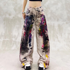 Jean baggy droit pour femme, motif éclaboussures de peinture, graphique artistique, cargo, style Y2K, streetwear oversize, été, devant plat, respirant, délavé - Product Image 6