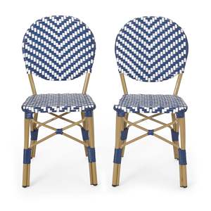 Navy Blue Bamboo Print Finish Set of 2 <b>Outdoor</b> PE Rattan and Aluminum French Armless <b>Bistro</b> <b>Chairs</b> - Product Image 2