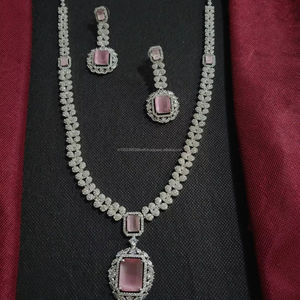 Simple Designs American Diamond <b>Silver</b> Plated Long Studded <b>Necklace</b> With Matching <b>Earring</b> Jewellery <b>Set</b> for Wedding Wear Women - Product Image 1