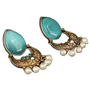 Blue Stone Pearl Drop Earring | Antique Gold Boho Dangle Earrings for Women | Brass Ethnic Jewelry Manufacturer Bulk Supplier - Product Image 3