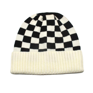 Checked Beanie Hat With Yellow Ribbed Brim Unisex Adult Winter Cap Casual Style 100 Acrylic Knitted Hat - Product Image 4
