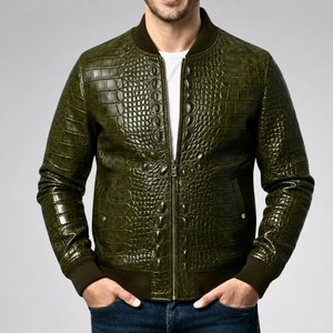 Blouson bomber en cuir gaufré croco vert olive pour homme avec fermeture éclair sur le devant, poignets et ourlet côtelés - Product Image 1