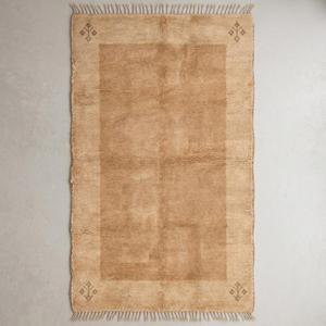 Alfombra de Lana Anudada a Mano de Estilo Clásico en Color Beige Arena, Diseño Floral Minimalista con Borde Decorativo y Flecos - Product Image 1