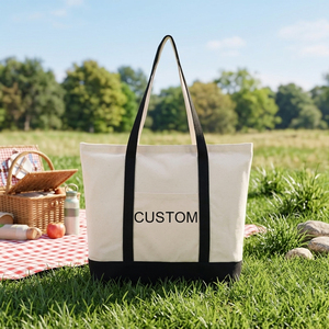 <b>Canvas</b> <b>Shopper</b> Tote Bag Cream with Black Trim Open Top Minimalist Style for Shopping All Seasons <b>Shopper</b> Tote Bag - Product Image 6