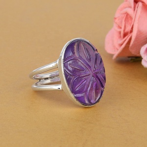 Bague en argent sterling 925 avec fleur sculptée en améthyste naturelle, bague ovale en pierre précieuse sculptée à la main pour femmes - Product Image 2
