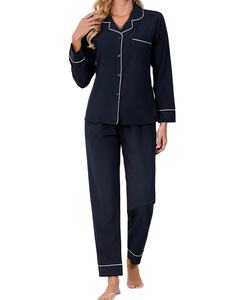 Pijamas de Invierno para Mujer, Primavera/Otoño, Manga Larga, Color Azul Marino Sólido, Cuello Camisero, Nuevo Conjunto Holgado para Estar en Casa, Talla Grande - Product Image 2