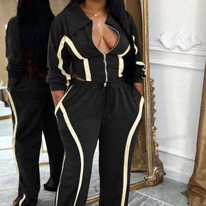 Women’s 2 Piece Tracksuit Set Stripe Patchwork Zip Lapel Crop Jacket Drawstring <b>Pants</b> Casual Sporty Matching Outfit - Product Image 3