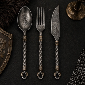 Ensemble de couverts médiévaux traditionnels faits à la main en acier, cuillère, fourchette, couteau, pour la maison, le camping et les repas en plein air - Product Image 4