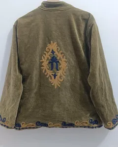 Handcrafted Olive Green Velvet <b>Jacket</b> for Women Full Sleeve Winter Shrug Front Open Boho Kashmiri Style <b>Nehru</b> Coat - Product Image 2