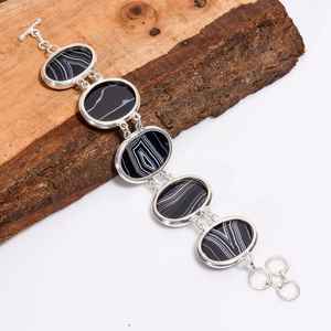 <b>Black</b> Banded Agate Bracelet Vintage Oval 925 Sterling Silver Handmade Jewelry Gift For <b>Women</b> Girls - Product Image 2