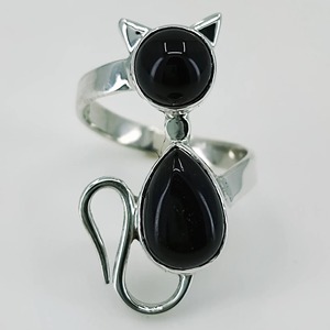 Anillo de Ónix Negro con Forma de Gato, Plata de Ley 925, Hecho a Mano, Estilo Boho, Anillo de Promesa para Mujer, Ónix Negro Natural, Piedra de Nacimiento de Julio - Product Image 1