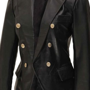 Women's Black Genuine Lambskin <b>Leather</b> <b>Blazer</b> Double-Breasted Slim Fit <b>Jacket</b> Custom Fashion Coat 2026 - Product Image 5