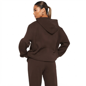 Women Solid Color Hooded Tracksuit Full Sleeve Loose Fit Cotton Sweatshirt With Side Pockets Autumn Casual Wear - Product Image 1