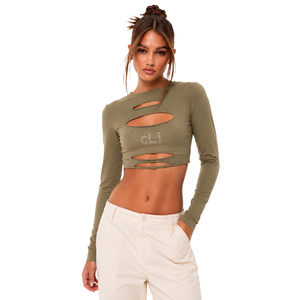Chemisier court en maille vert olive à manches longues pour femme, coupe ajustée, orné de strass et logo personnalisé, idéal pour le printemps - Product Image 1